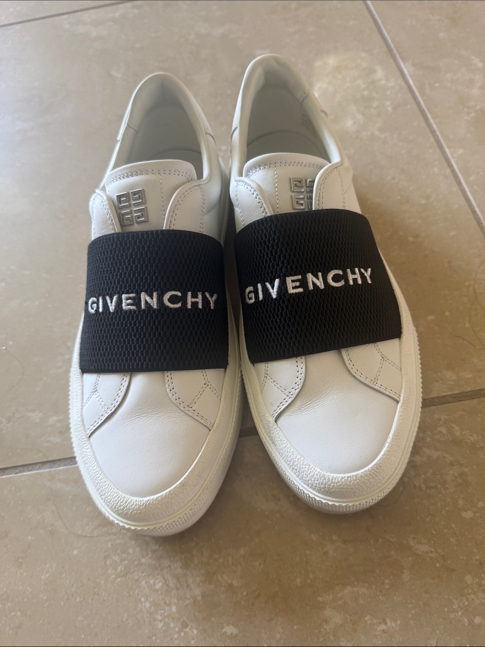 Givenchy White Leather Slip-Ons with Black Logo Strap